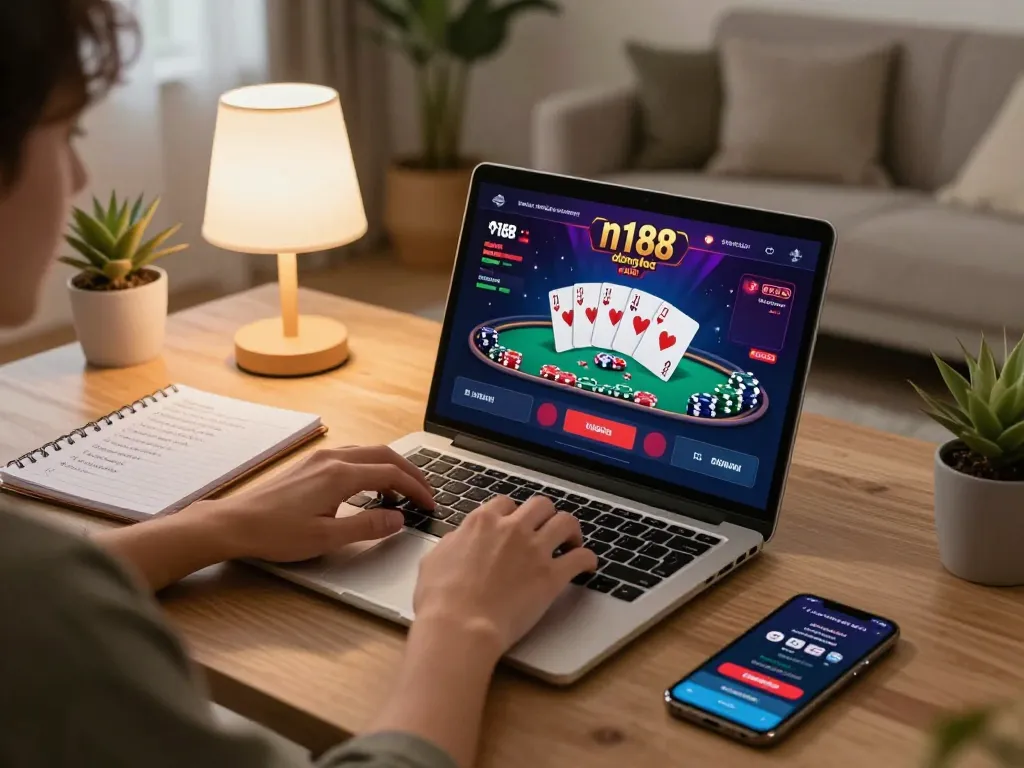 Engage in n188 đăng nhập with a player strategizing online poker setup at home with a cozy atmosphere.