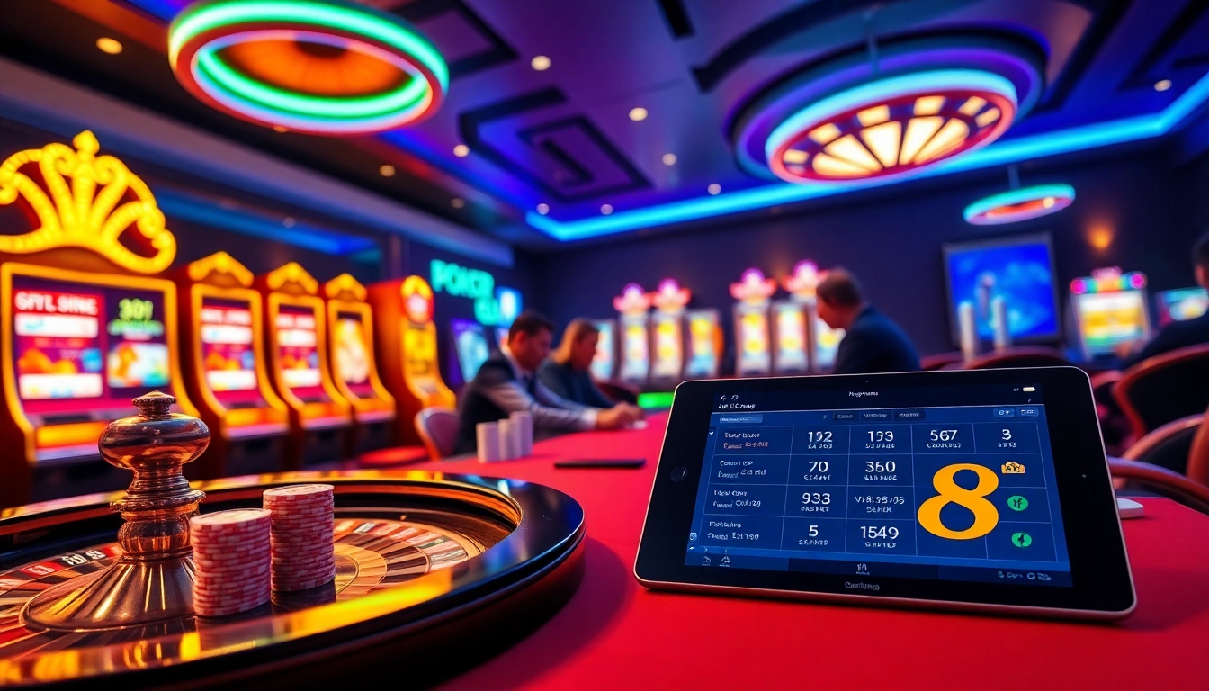 Engage in thrilling gameplay at s8 nhà cái with a luxurious casino scene featuring poker and slots.