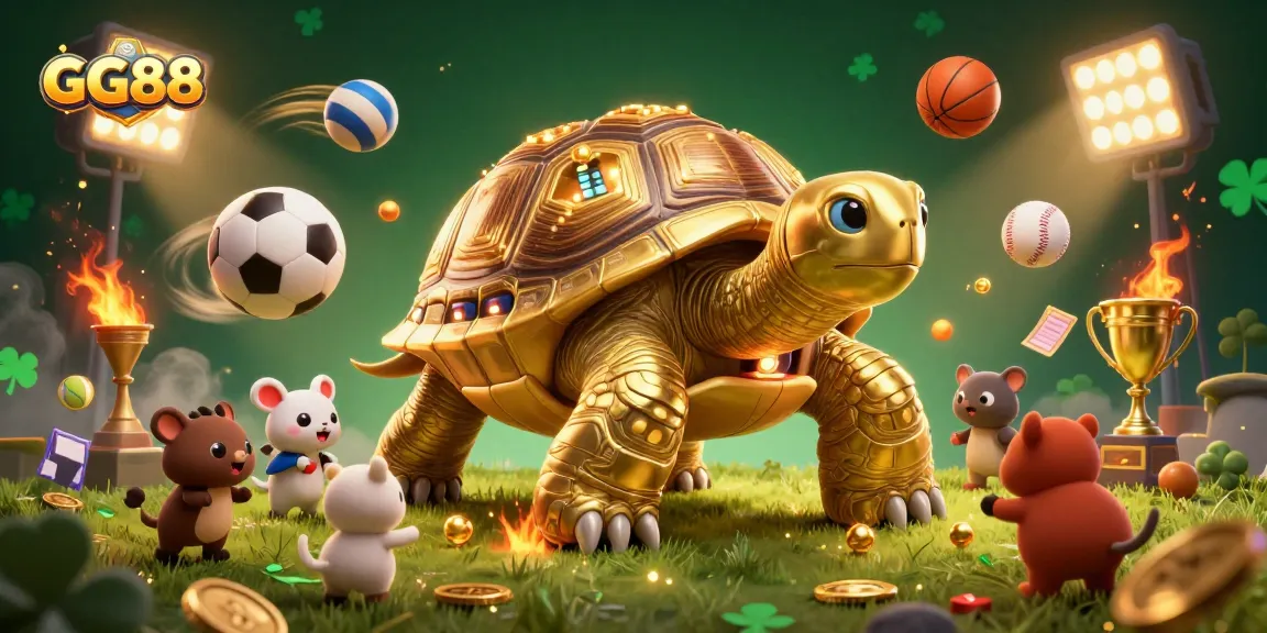 Experience the thrill of GG88 as a colossal golden tortoise pinball machine captures players' excitement in an animated casino scene.