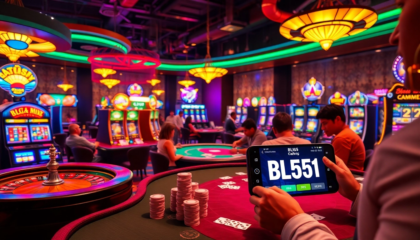 Experience the thrill of gaming at BL555, showcasing vibrant casino tables and exciting players.