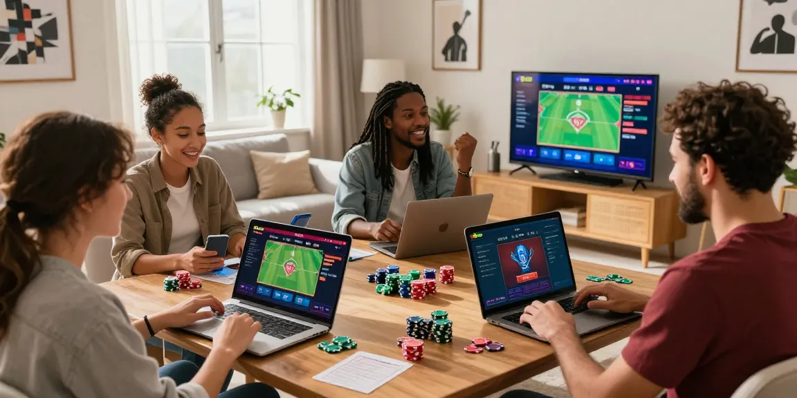 Betebet online betting platform scene with players using mobile and laptop in a lively modern living room.