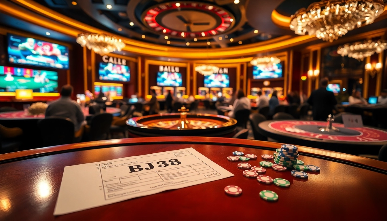 BJ38 players engaging in exciting bets at luxurious casino tables filled with poker chips and cards.