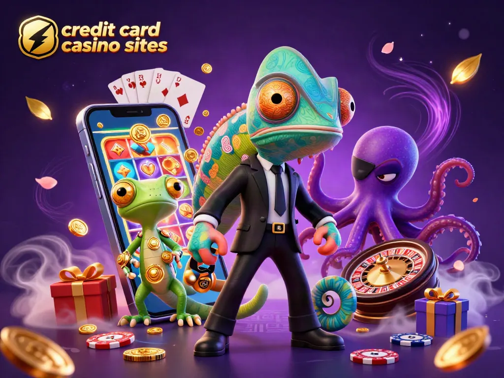 Engage with top credit card casino sites, featuring a colorful gaming scene with vibrant characters amidst dynamic casino elements.