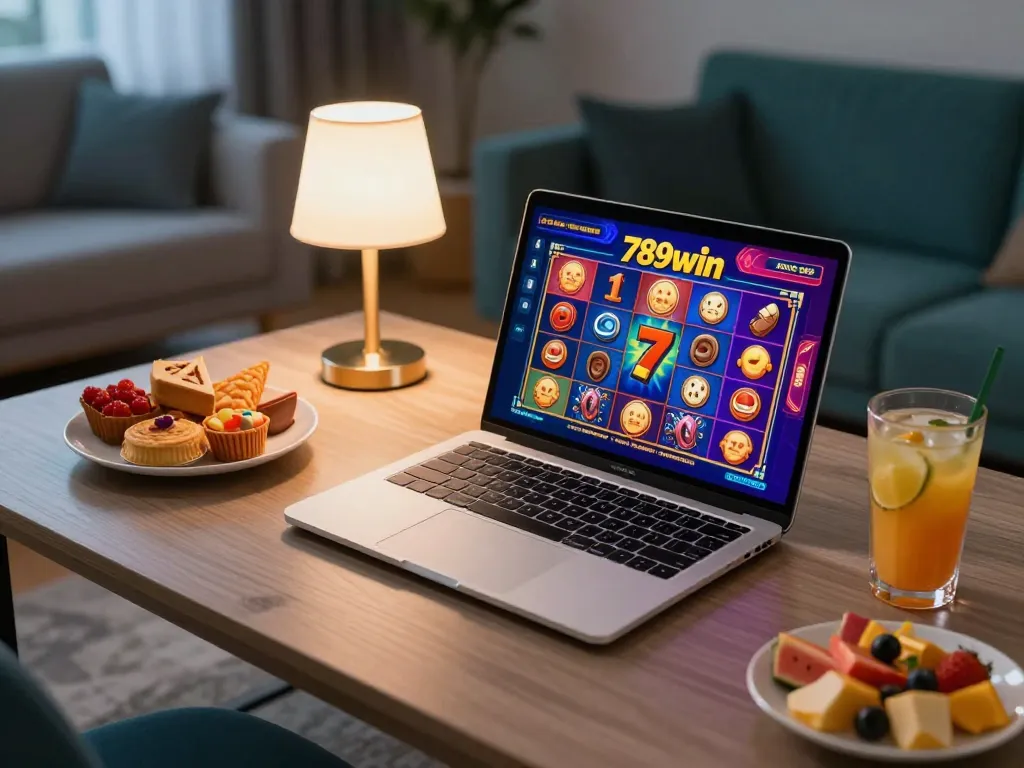 Play vibrant slot games on 789win in a cozy home setup with snacks and drinks.