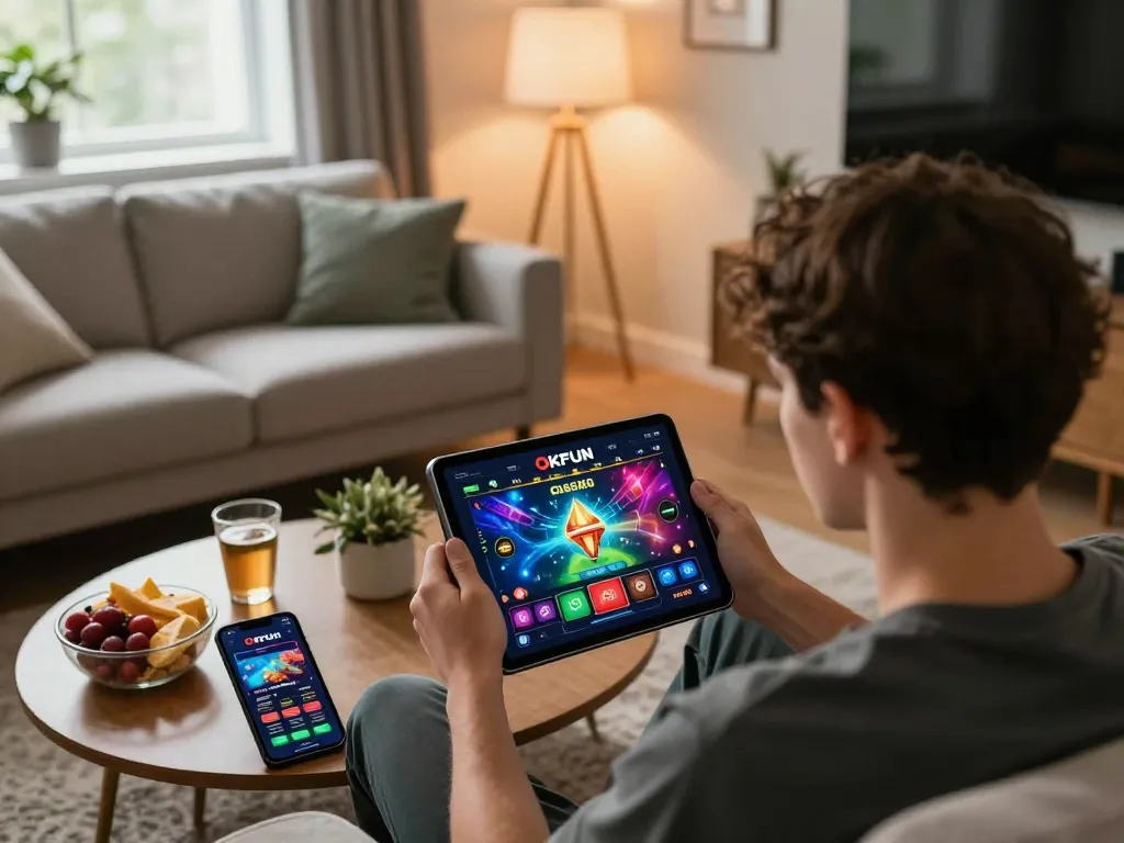 Engaging gameplay on the OKFUN app while relaxing at home
