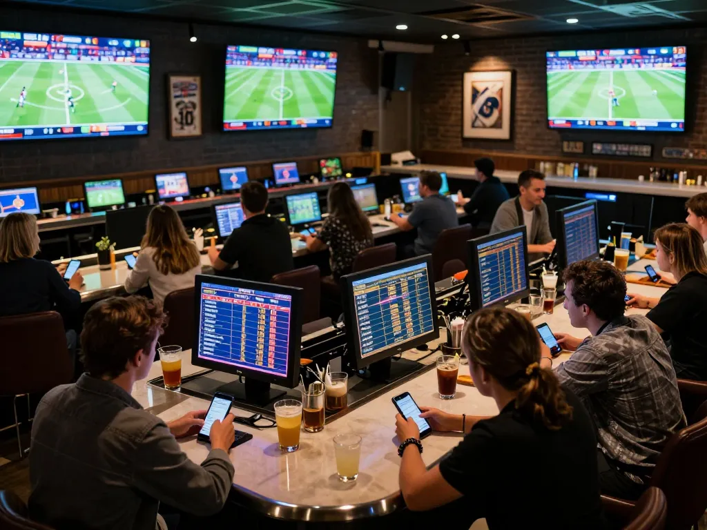 Dynamic scene of sports betting at a lively bar, showcasing nhà cái uy tín with patrons engaged in betting discussions and using apps.