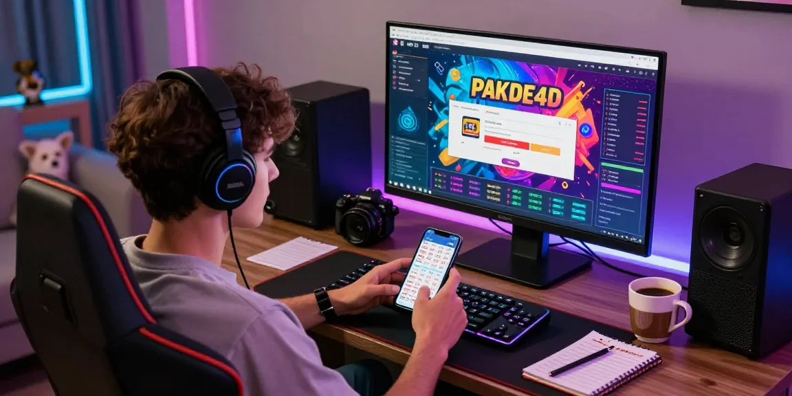 Engaged user enjoying PAKDE4D online lottery experience at home, focused on gaming setup.