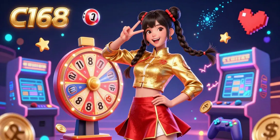 Engage with C168's vibrant casino scene featuring an Asian woman celebrating with lottery balls and a prize wheel.