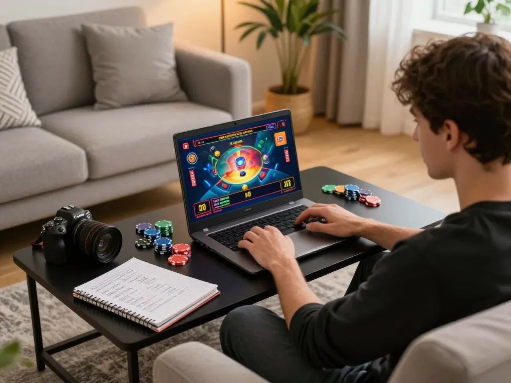 Engaged player enjoying online gaming experience at open88 com, showcasing a cozy home setup and strategic gameplay
