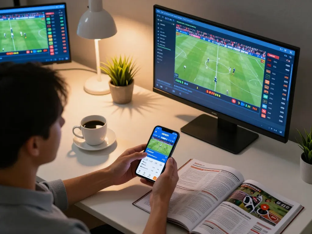 Engaging with okwin app for live sports betting from a modern desk setup.