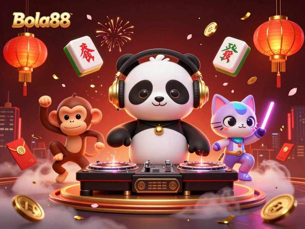Bola88 menawarkan suasana kasino yang hidup dengan DJ panda, monyet penari, dan kucing pemegang glow-stick.