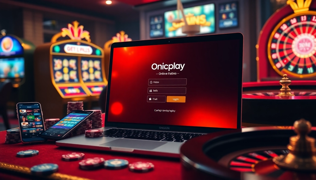 Experience Onicplay login in a vibrant casino atmosphere with slot machines and poker chips.