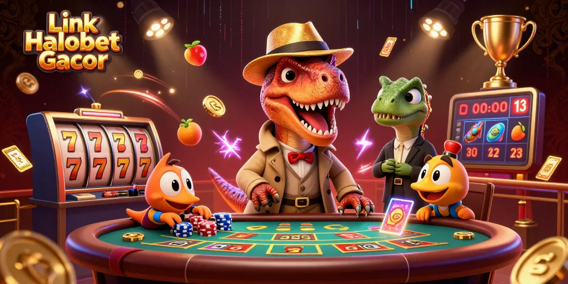 Link Halobet Gacor shows a velociraptor card counter amidst thrilling casino action with slot machines, chips, and neon lights.