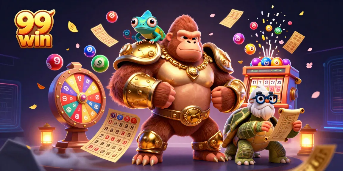 Engage in 99 win excitement with a vibrant casino scene featuring colorful lottery balls and thrilling games.