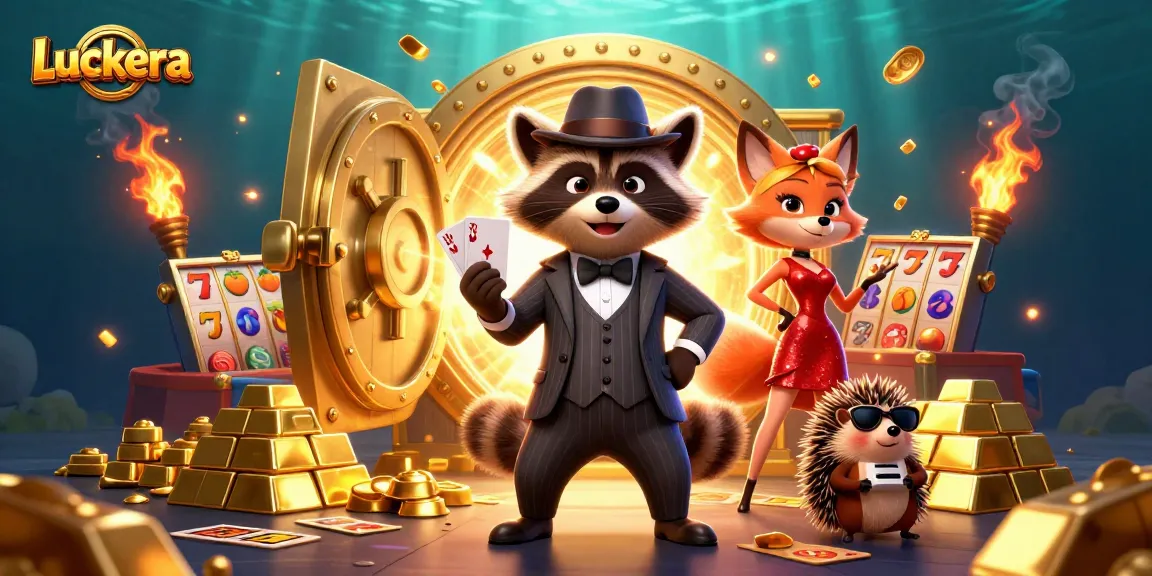 Luckera casino scene featuring a suave raccoon, red sequin fox, and hedgehog, celebrating with slot reels and gold.