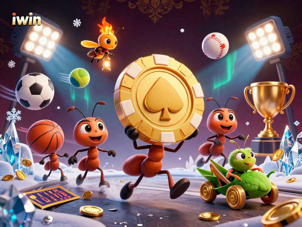 Experience the thrill of iwin with a heist scene featuring cartoon ants, sports elements, and glowing treasures.
