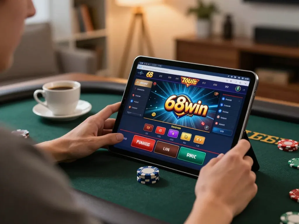 Experience the excitement of trang chủ 68win with online gaming on a tablet in a cozy setting.