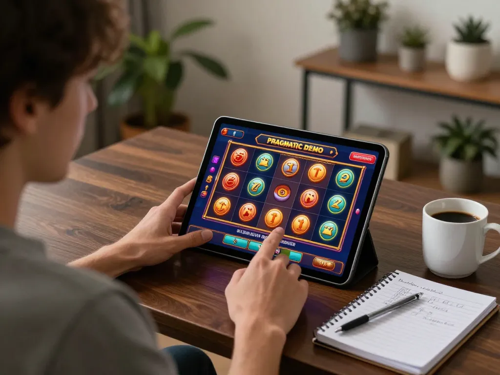 Playing Pragmatic Demo slot games on a tablet in a cozy home setup with strategic notes.