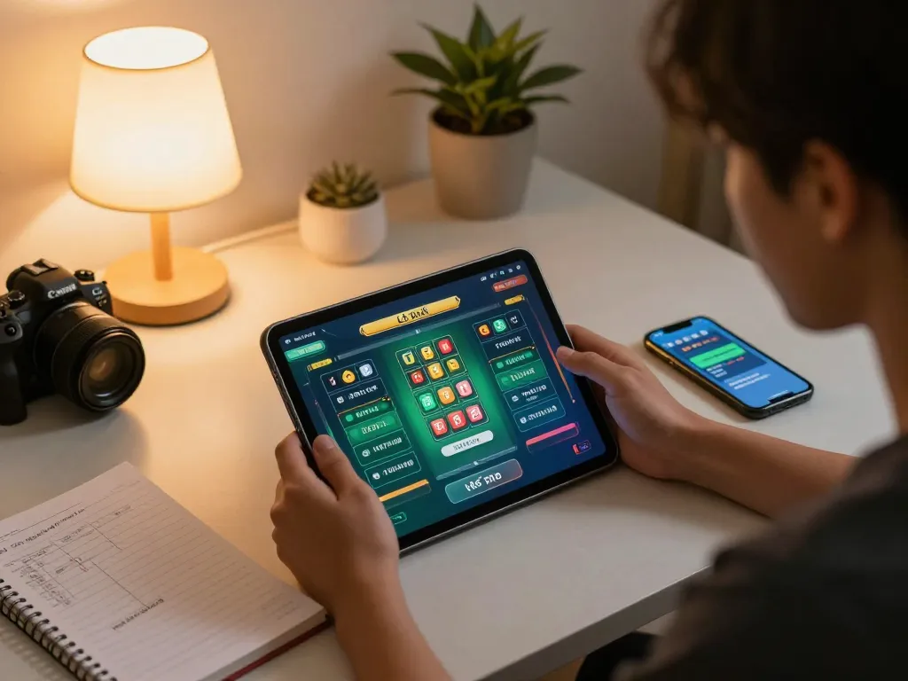 Lô đề online gameplay setup with person analyzing betting options on tablet and notes beside them.