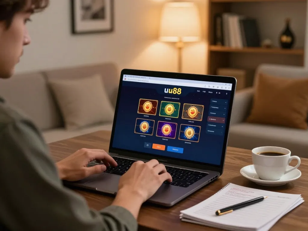Engaged player enjoying uu88 online gaming on a laptop in a cozy living room.