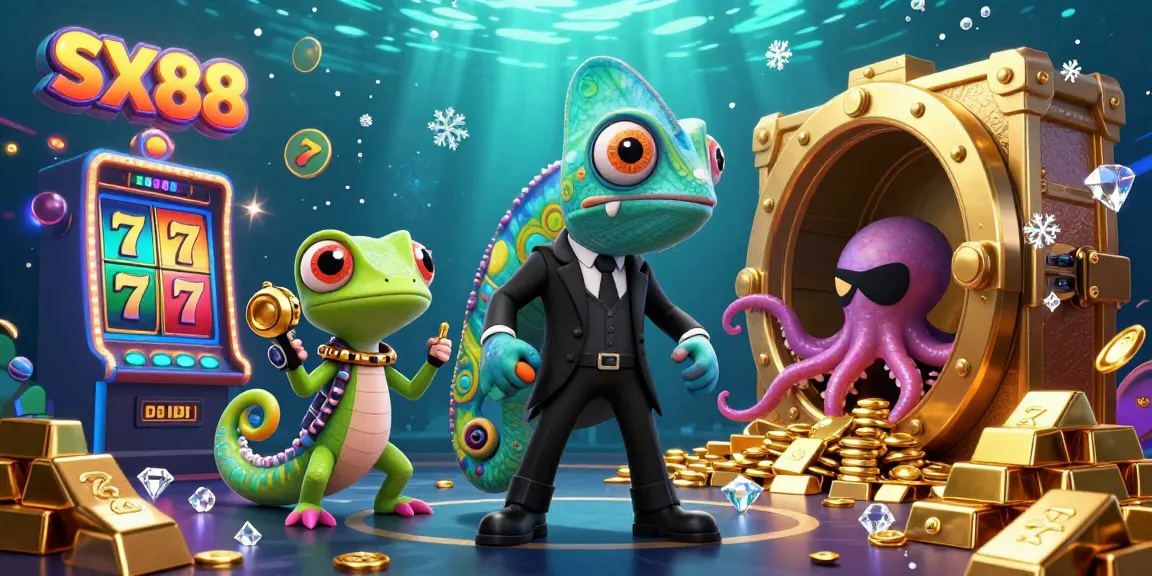 SX88 reveals treasures in a vibrant casino scene filled with spinning slot reels and golden jackpots.
