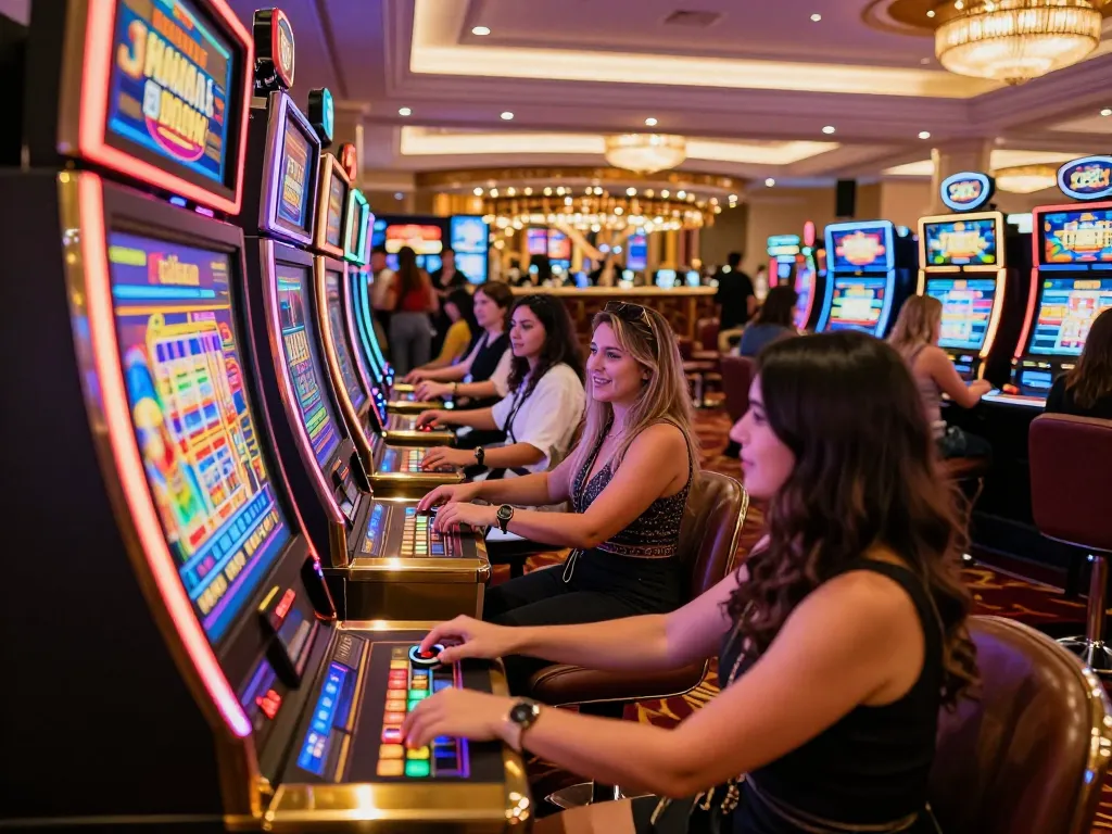 Players engaging with slot machines at g28 com casino, colorful displays and vibrant lighting.