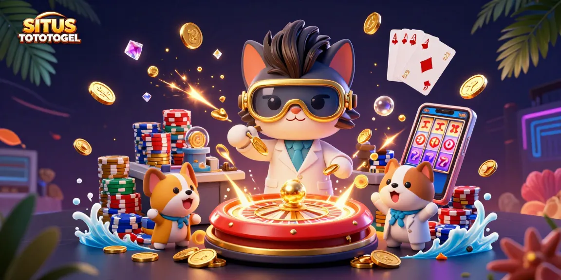 SITUS TOTOTOGEL showcases an exciting scene with 3D cartoon characters amidst a vibrant casino atmosphere.