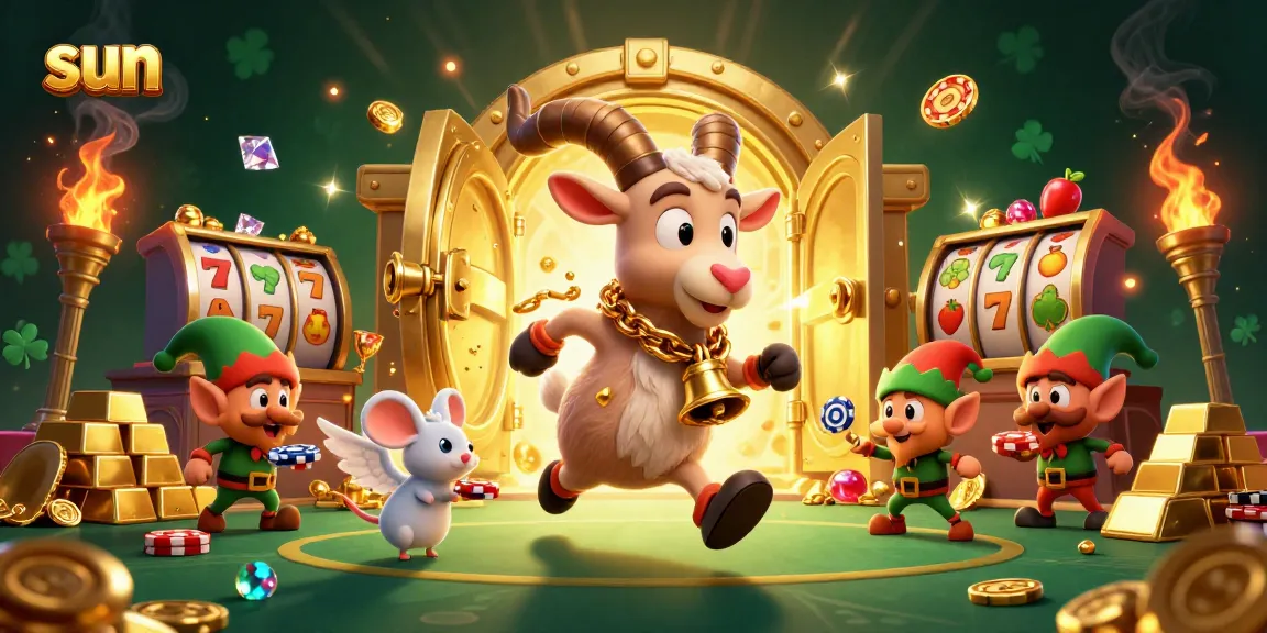 Experience thrilling gameplay with the sun shining on a festive casino, featuring playful characters and dazzling treasures.
