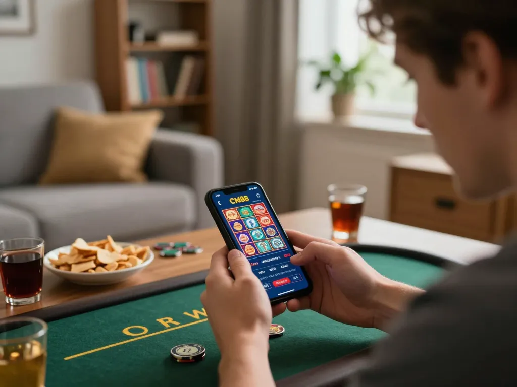 Engaged player enjoying CM 88 casino app on smartphone in cozy home setting