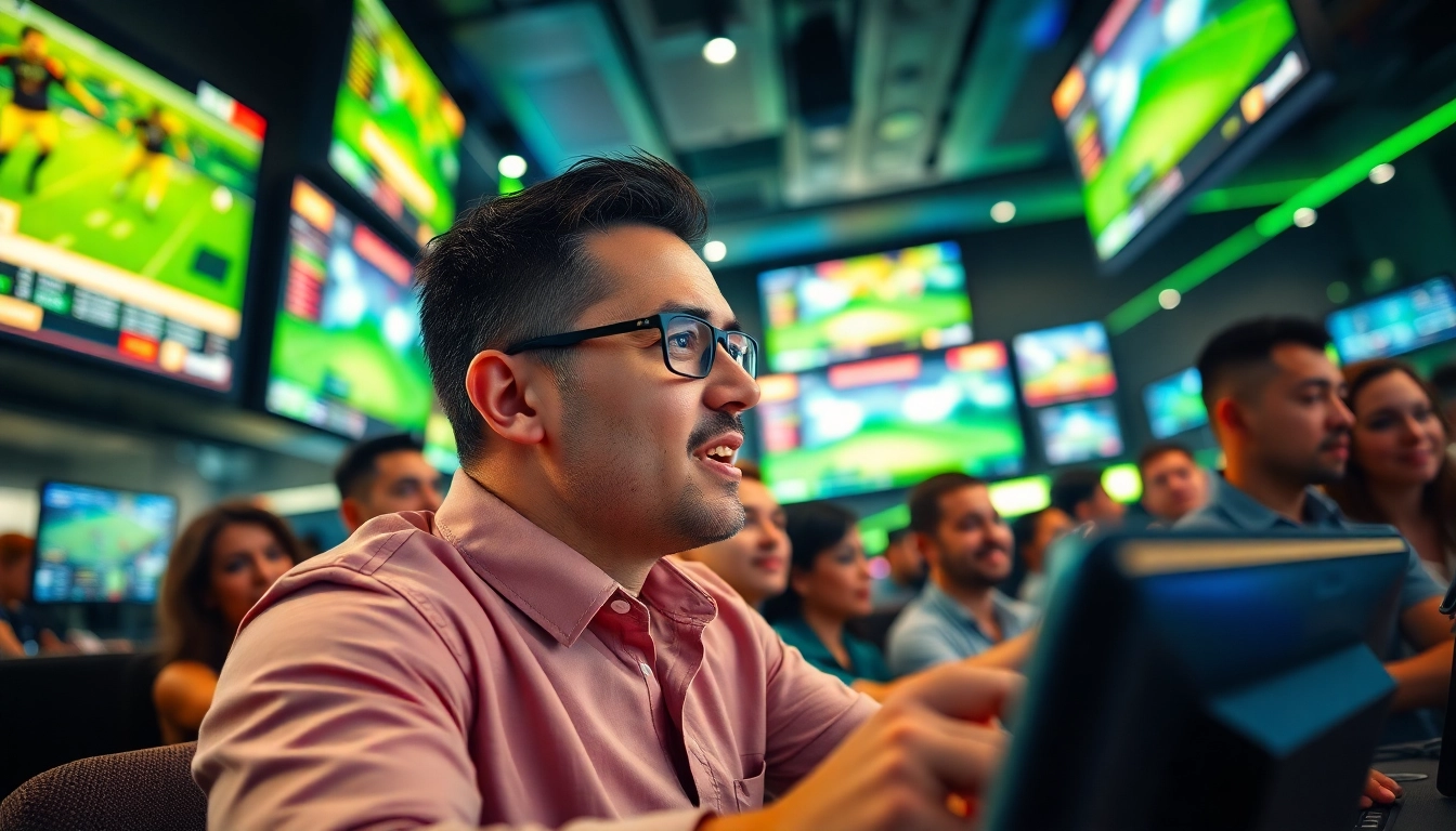 Engaging in online Betting at a vibrant sports betting lounge with dynamic screens.
