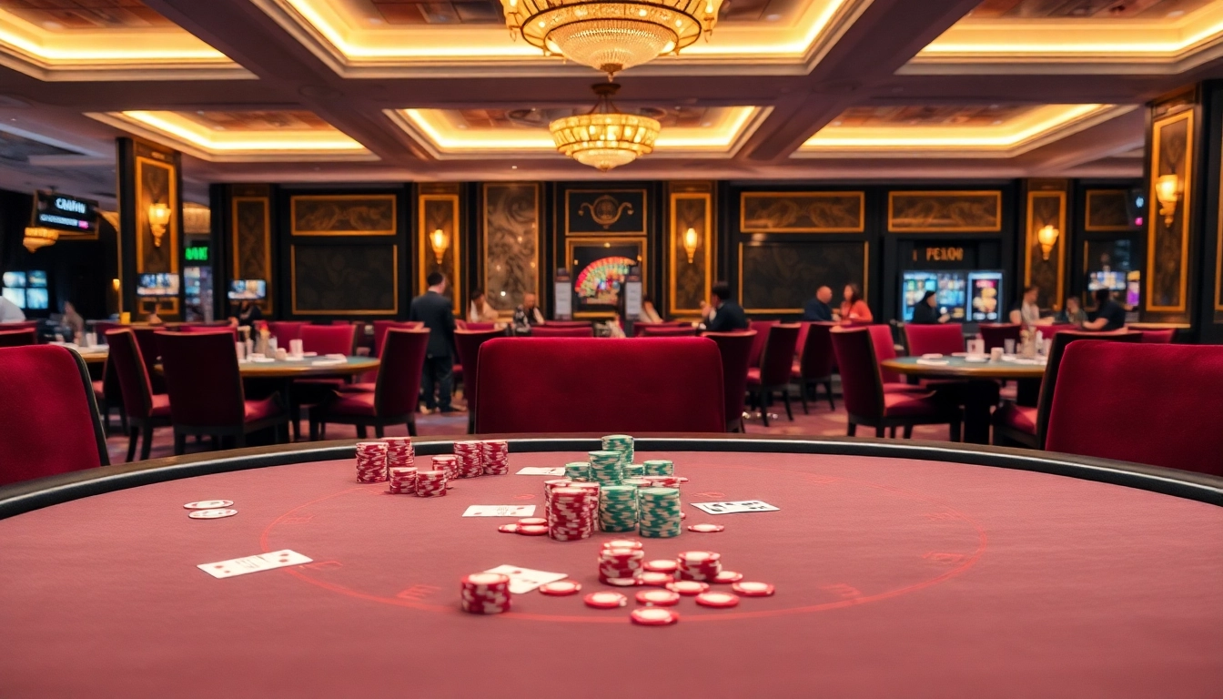 Engaging casino table setup showcases vibrant gaming atmosphere with chips and cards.