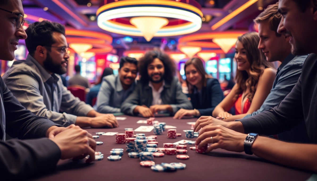 Engage in a thrilling poker game with diverse players at a vibrant casino table.