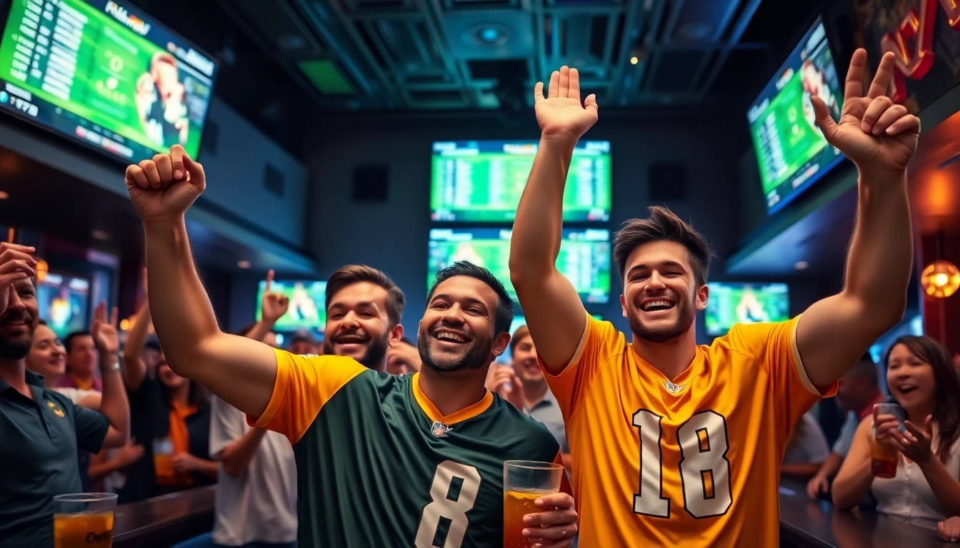 Celebrate Sports Betting victories with delighted athletes in a bustling sports bar setting.