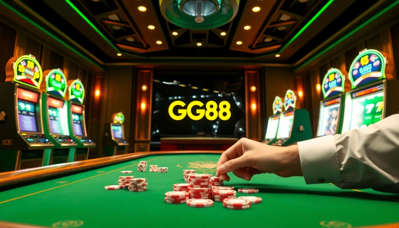 Experience the thrill of GG88 gaming at a luxurious casino table filled with vibrant poker chips and slot machines.