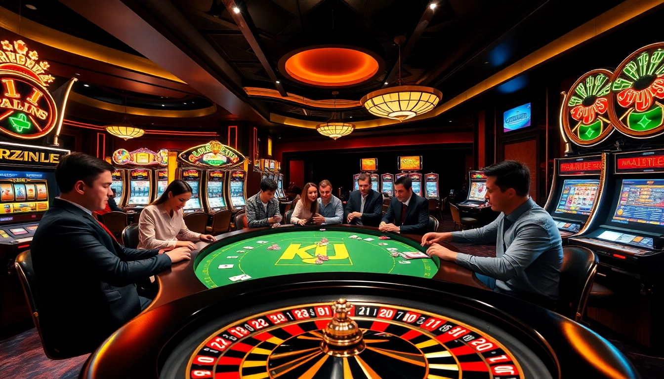 KJC poker players enjoying an exciting game at a vibrant casino table.