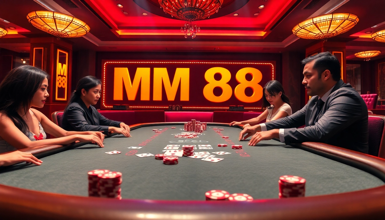 Exciting poker game at MM 88 casino with vibrant chips and cards on the table.