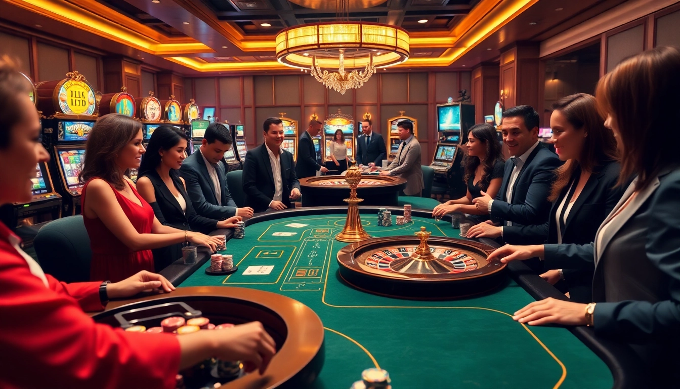 Join the excitement at OKfun with players engaging at a luxurious casino table, highlighting thrilling gambling adventures.
