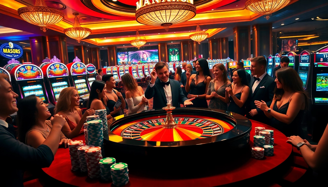 Experience the excitement of gambling at https://cm88.info/ with players around a roulette table and dazzling slot machines.