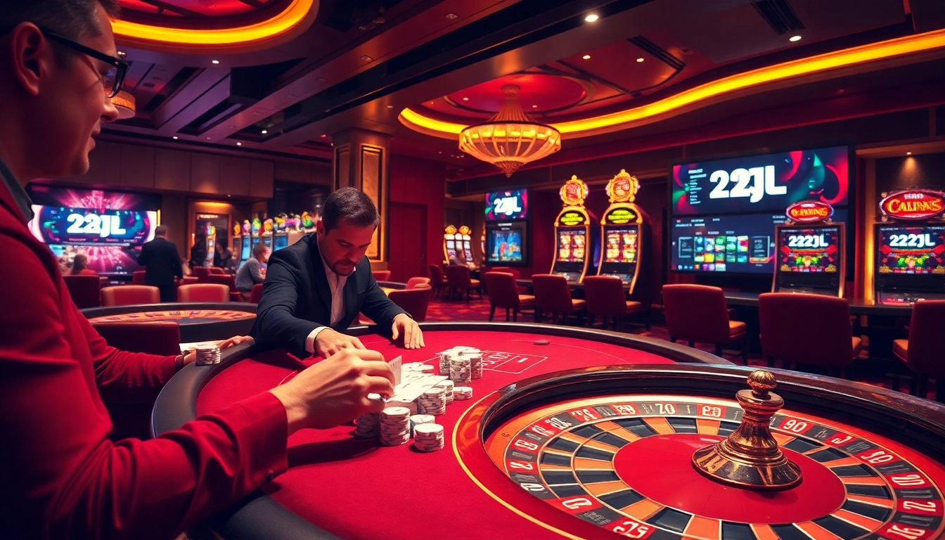 Experience the thrill of gambling with 22JL at a luxurious casino setting filled with vibrant poker tables and roulette wheels.