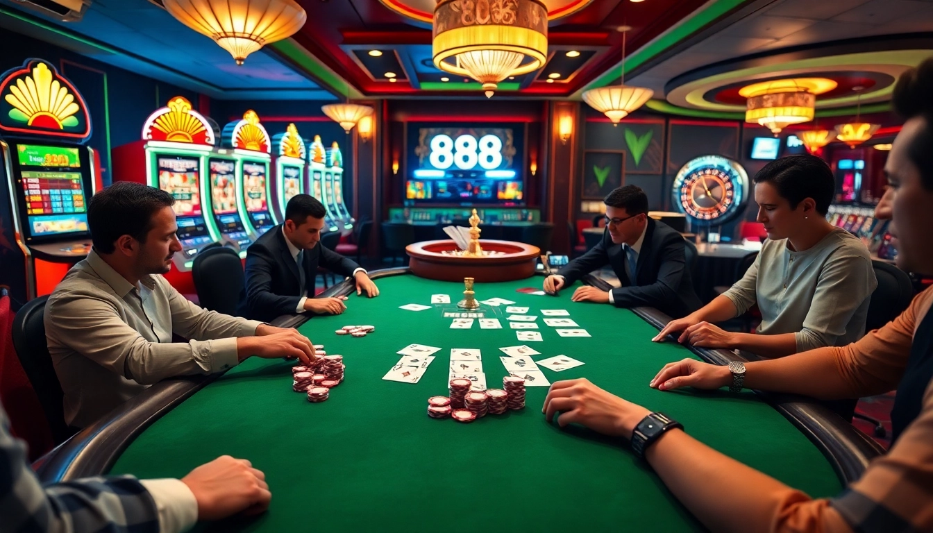 Experience the thrill of 888 new poker gameplay with professional gamblers at an elegant casino table.