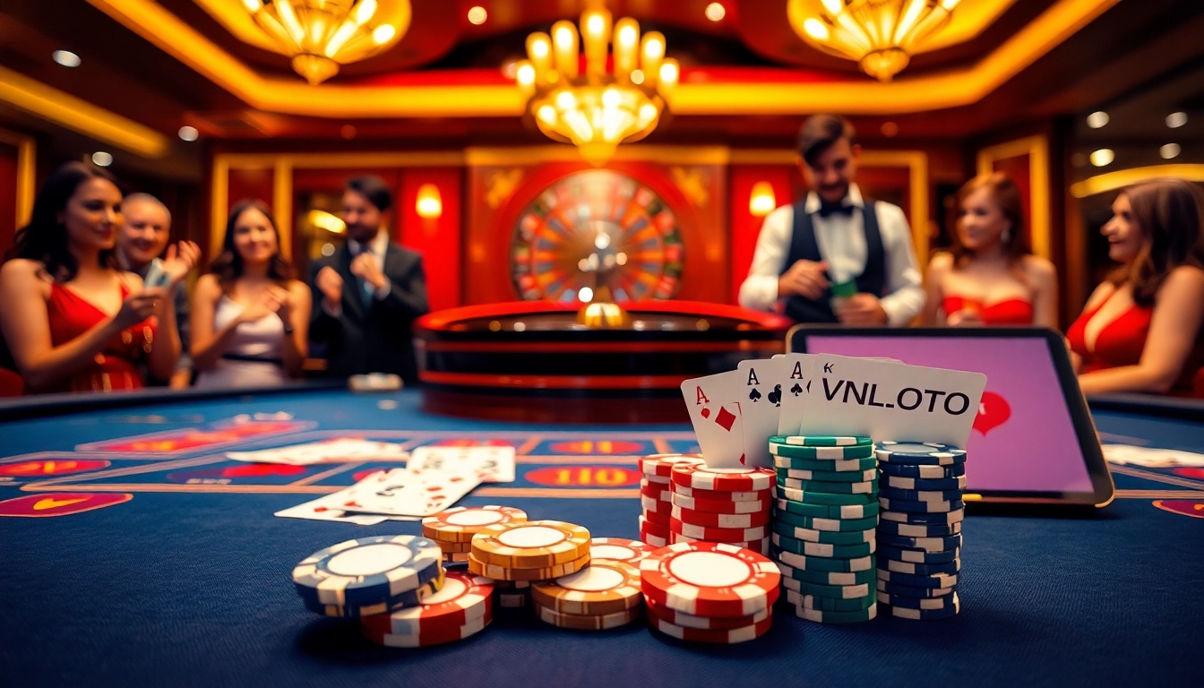 Experience thrilling gaming at VNLOTO with an elegant casino display of poker chips and a spinning roulette wheel.
