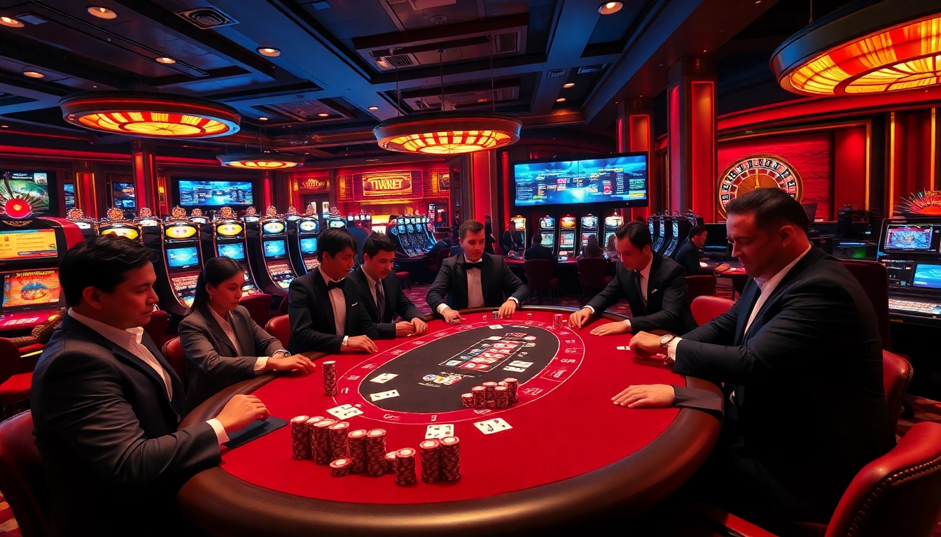 THABET casino scene with poker chips, cards, and players immersed in exciting gambling action.