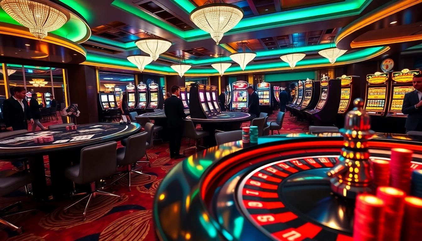 Experience high-stakes excitement with QQ88z Net on a vibrant casino floor featuring roulette and slot machines.