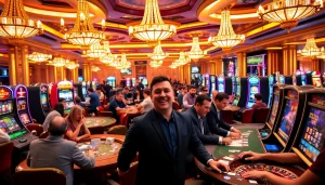 Excited gamblers enjoying high-stakes games at Thabet com's luxurious casino.
