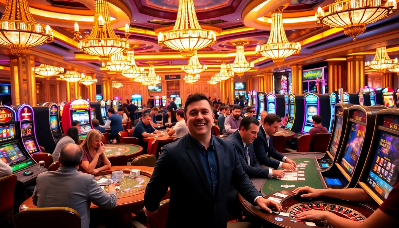 Excited gamblers enjoying high-stakes games at Thabet com's luxurious casino.