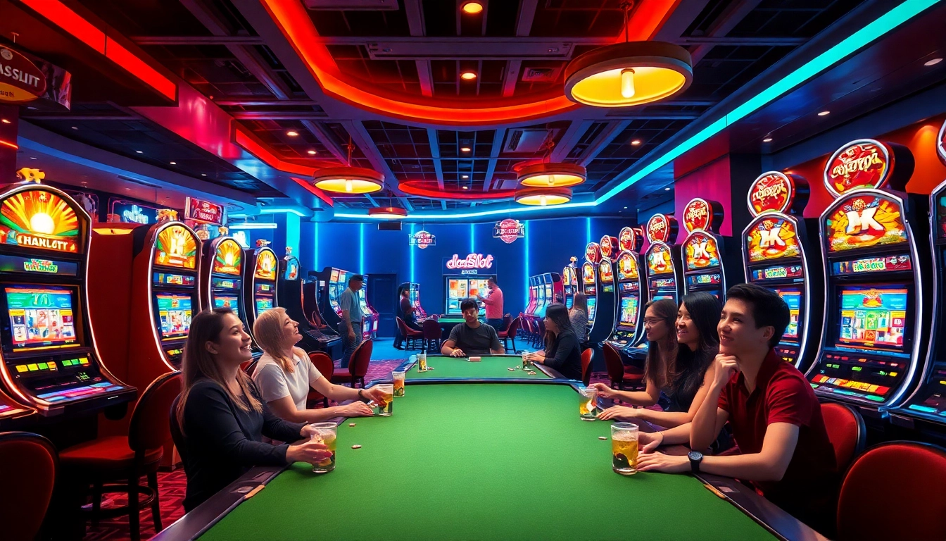 Dynamic scene of players engaging with doaslot slot machines in a luxurious casino atmosphere.