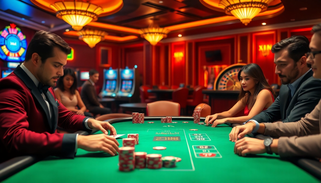 Exciting casino scene featuring XX88.AI with vibrant poker games and slot machines.