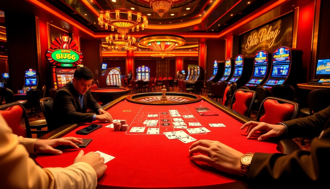 Engage with the thrilling atmosphere of BJ66 casino gaming, featuring vibrant tables and enthusiastic players.