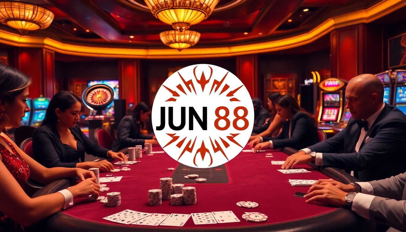 Players enjoying high-stakes poker at a stylish Jun 88 branded casino table.