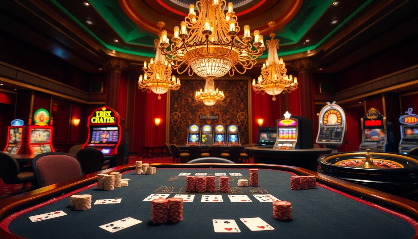 Pemain Dewanaga89 merencanakan strategi di meja kasino mewah dengan mesin slot yang berwarna-warni.